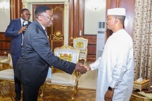 Ferdinand Ngoh Ngoh et Mahamat Idriss Déby Itno, le 26 avril 2023 à N’Djamena. © Présidence de la République du Tchad