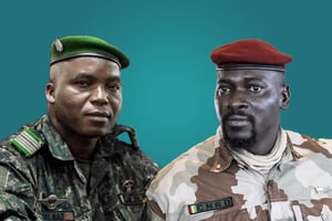 Le général Sadiba Koulibaly (g) et Mamady Doumbouya (d), président de la transition. © Montage JA : John Wessels/AFP – DR