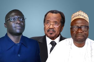 Célestin Yandal (g), Paul Biya (c) et Aboubakary Abdoulaye (d). © Montage JA : photos DR – Kevin Dietsch/Getty/AFP