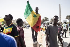 Lors d’une manifestation contre une éventuelle candidature du président Macky Sall pour un troisième mandat à l’élection présidentielle de février 2024, à Dakar, le 12 mai, 2023. © AFP