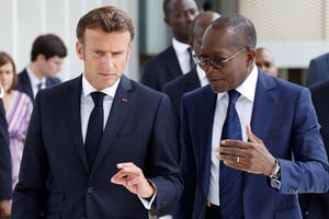 Emmanuel Macron et Patrice Talon, à Cotonou le 27 juillet 2022. © LUDOVIC MARIN/AFP