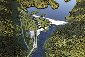 Le futur complexe hydroélectrique de Kinguélé-Aval, sur la rivière Mbéi, à 100 kilomètres à l’est de Libreville, dont la mise en service est prévue pour la fin de 2024. © MERIDIAM