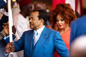 Le président camerounais Paul Biya et la Première dame, Chantal BIya, le 21 mai 2023. © Jean-Pierre Kepseu/Xinhua/SIPA