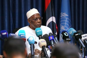 Abdoulaye Bathily, représentant spécial de l’ONU pour la Libye et chef de la Mission d’appui des Nations unies en Libye (Manul), à Tripoli le 11 mars 2023. © Mahmud Turkia / AFP