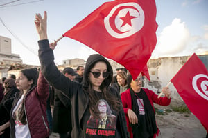 Manifestation de soutien à Chaïma Issa à Manouba,le 3 avril 2023. © Yassine Gaidi/Anadolu Agency via AFP