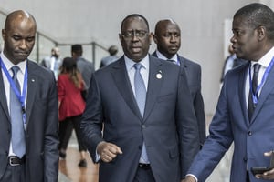 Le président sortant de l’Union africaine et président du Sénégal Macky Sall au deuxième jour de la 36e session ordinaire de l’Assemblée de l’UA à Addis-Abeba, le 19 février 2023. © Amanuel Sileshi/AFP