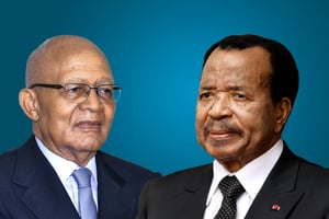 Le patron de la SNH Adolphe Moudiki (à g.) et le président Paul Biya. © Montage JA – Maboup –  AFP