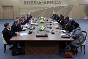 Le président russe, Vladimir Poutine, lors du sommet Russie-Afrique, à Saint-Pétersbourg, le 27 juillet 2023. © Photo by yegor aleyev / TASS Host Photo Agency / AFP