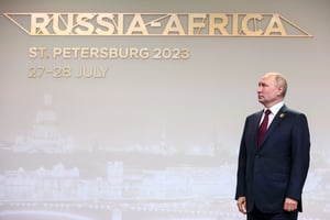 Le président russe Vladimir Poutine, lors du sommet Russie-Afrique, à Saint-Pétersbourg, le 27 juillet 2023. © Sergei BOBYLYOV / TASS Host Photo Agency / AFP.