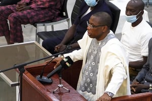 Moussa Dadis Camara à la barre, lors du procès du massacre du 28 septembre 2009. © Souleymane Camara/REUTERS