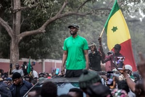 Ousmane Sonko, lors d’un meeting de l’opposition, le 24 mai 2023, à Ziguinchor, au Sénégal. © MUHAMADOU BITTAYE/AFP