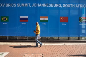 Le sommet 2023 des BRICS est prévu du 22 au 24 août au Sandton Convention Centre à Sandton. Johannesburg, le 20 août 2023. © GIANLUIGI GUERCIA / AFP