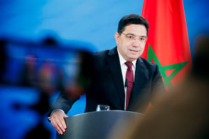 Nasser Bourita, le ministre marocain des Affaires étrangères à Berlin, le 6 juillet 2023. © Thomas Trutschel / Photothek / dpa Picture-Alliance via AFP