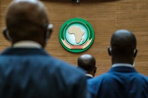 Le symbole de l’Union africaine lors de la 39e session ordinaire du conseil exécutif à Addis-Abeba, le 14 octobre 2021. © EDUARDO SOTERAS/AFP