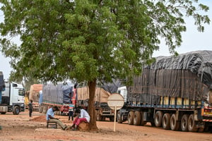Un convoi d’environ 300 camions principalement chargés de nourriture est arrivé du Burkina Faso à Niamey, le 21 août 2023. © AFP