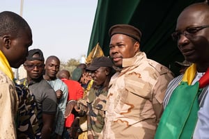 Adama Diarra alias « Ben le Cerveau », fondateur du mouvement « Yerewolo », lors d’une manifestation contre la présence militaire française au Mali, à Bamako, le 19 février 2022. © Paloma Laudet