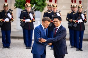 Le président malgache Andry Rajoelina reçu par son homologue français, Emmanuel Macron, au palais de l’Élysée, à Paris, le 29 août 2022. © XOSE BOUZAS/Hans Lucas via AFP