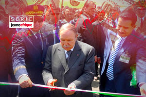 Le président Abdelaziz Bouteflika inaugurant un tronçon de l’autoroute Est-Ouest, le 17 avril 2011. À dr., Amar Ghoul, alors ministre des Travaux publics. © Montage JA; Xinhua/Andia; AdobeStock