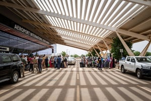 Des passagers faisant la queue devant l’aéroport international Diori Hamani de Niamey, le 2 août 2023, dans le cadre de la troisième évacuation, une semaine après le coup d’État. © JONATHAN SARAGO/MEAE/AFP