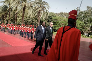Recep Tayyip Erdogan, le chef de l’État turc, reçu par son homologue sénégalais, Macky Sall, à Dakar, le 28 janvier 2020.