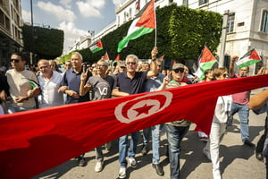 Manifestation de soutien aux Palestiniens, à Tunis, le 8 ctobre 2023. © Yassine Gaidi/Anadolu Agency/AFP