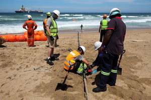 Installation du câble sous-marin 2Africa sur la plage d’Amanzimtoti, en Afrique du Sud, en février 2023. © REUTERS/Rogan Ward.