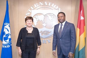 Faure Gnassingbé (à droite)  et la directrice du FMI, lors des Assemblées annuelles du Groupe de la Banque mondiale et du FMI, en 2022 © Pita E.
