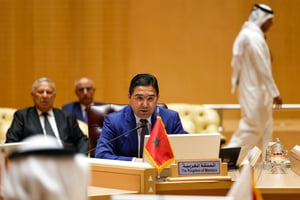 Le ministre marocain des Affaires étrangères, Nasser Bourita, lors d’une réunion ministérielle conjointe avec le Conseil de coopération du Golfe, le 3 mars 2024, à Riyad, en Arabie saoudite. © Maroc Diplomatie