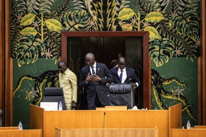 Le président de l’Assemblée nationale sénégalais, Amadou Mame Diop, avant le début de l’examen de la proposition de loi d’amnistie, le 6 mars 2024. © Photo by JOHN WESSELS / AFP