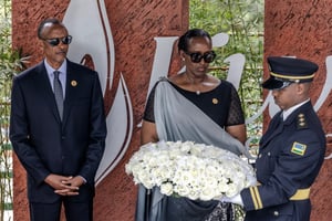 Le président rwandais Paul Kagame et sa femme Jeannette lors des commémorations du trentième anniversaire du génocide des Tutsi au Rwanda, le 7 avril 2024. © LUIS TATO / AFP