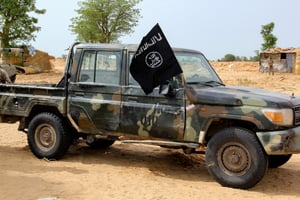 Un véhicule de l’État islamique en Afrique de l’Ouest (EIAO) à Baga au Nigeria en août 2019. © Audu Marte / AFP)