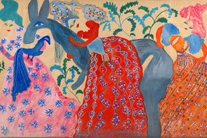 « L’Âne bleu », Baya, circa 1950. Gouache sur papier, 100 x 150 cm. Collection Kamel Lazaar Foundation. © Collection Kamel Lazaar Foundation