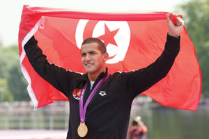 Le nageur tunisien Oussama Mellouli, médaillé d’or aux JO de Londres, le 10 août 2012. © DOMINIC EBENBICHLER/REUTERS