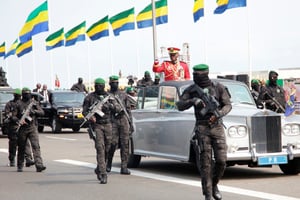 Brice Clotaire Oligui Nguema, le président de la transition du Gabon, lors du défilé militaire pour la fête de l’indépendance à Libreville, le 17 août 2024. © WILFRIED MBINAH / AFP