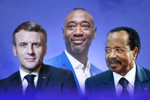 Emmanuel Macron, Abdoulaye Thiam alias Calibri Calibro et Paul Biya © Montage JA ; François Grivelet pour JA ; Facebook Calibri Calibro ; Alexis Huguet/AFP