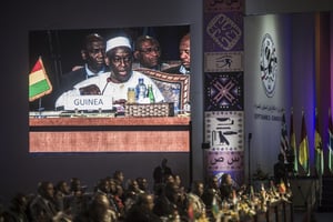 Mohamed Diané, ministre guinéen de la Défense de 2015 à 2021, lors d’une conférence internationale en Égypte, en 2016. © Khaled Desouki / AFP
