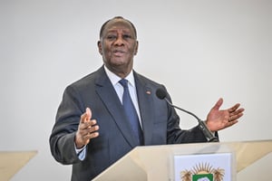 Le président ivoirien Alassane Ouattara lors d’une conférence de presse, à Abidjan, en juillet 2024. © Issouf SANOGO / AFP