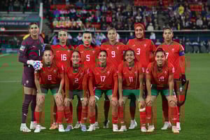 L’équipe féminine du Maroc avant son match de huitième de finale de la Coupe du monde féminine en Australie contre la France au stade Hindmarsh d’Adélaïde, le 8 août 2023. © Brenton EDWARDS/AFP