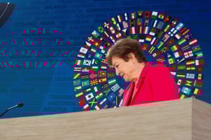 La directrice générale du FMI, Kristalina Georgieva, lors de la réunion d’automne du FMI et de la Banque mondiale à Washington, le 25 octobre 2024. © Kaylee Greenlee Beal/REUTERS