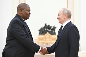 Faustin-Archange Touadéra et Vladimir Poutine lors d’une réunion au Kremlin, le 16 janvier 2025. © Sergei Bobylev/TASS/Sipa USA/SIPA