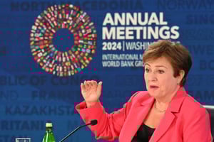 La directrice générale du Fonds Monétaire International (FMI), Kristalina Georgieva, lors d’une conférence de presse à Washington DC, le 25 octobre 2024. © Mandel NGAN / AFP