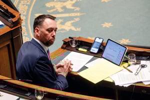 Le ministre des Affaires étrangères belge, Maxime Prévot, lors d’une session plénière de la chambre du Parlement fédéral, à Bruxelles, le 6 février 2025. © Hatim Kaghat / Belga / AFP