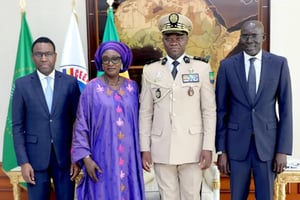 La « photo de famille » du 17 février à Libreville qui montre le président gabonais de transition Brice Clotaire Oligui Nguema aux côtés du candidat sénégalais à la présidence de la BAD, Amadou Hott, et de la ministre sénégalaise de l’Intégration africaine et des Affaires étrangères, Yassine Fall. © Présidence gabonaise
