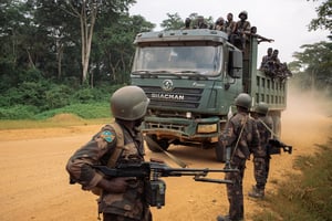 Des soldats du 214e bataillon DP des Forces armées de la RDC , engagés dans l’opération conjointe Shujaa avec l’Ouganda, le long d’une route entre Bulongo et Beni, au Nord Kivu, le 17 décembre 2024. © PHILÉMON BARBIER / AFP