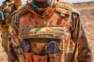L’insigne des Forces armées maliennes sur le bouclier pare balles d’un soldat. © Frederic Petry / Hans Lucas