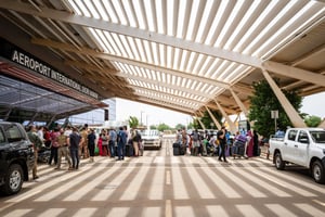 Des passagers font la queue devant l’aéroport international Diori Hamani de Niamey, le 2 août 2023. © Jonathan Sarago/MEAE/AFP