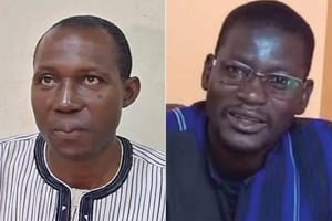 Le président de l’Association des journalistes du Burkina (AJB), Guezouma Sanogo (à gauche), et son vice président, Boukari Ouoba (à droite), ont été arrêtés le 24 mars dernier. © HRW