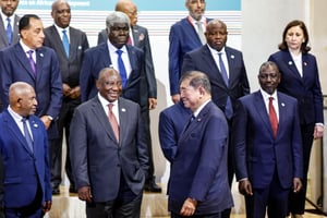 Japanese Prime Minister Shigeru Ishiba, second right at bottom, arrives at a photo session for the Tokyo International Conference on African Development (TICAD IX) in Yokohama, near Tokyo, Wednesday, Aug. 20, 2025.