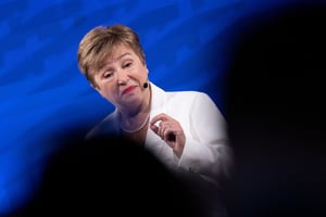 La directrice générale du FMI, Kristalina Georgieva, lors de son discours d’inauguration des assemblées annuelles de la Banque mondiale et du Fonds monétaire international à Washington, le 8 octobre 2025.