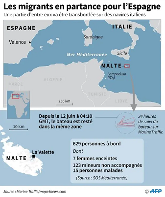 Carte localisant le navire Aquarius qui a secouru 629 migrants en Méditerranée. © AFP